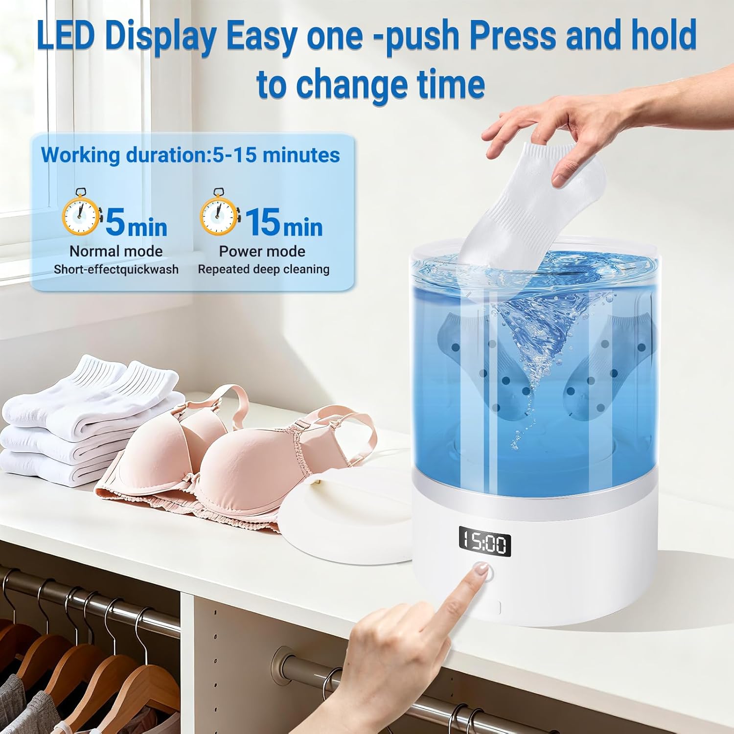 Portable Washing Machine, Mini Washer for Socks & Underwear, 1.5L Compact Electric Ultrasonic Washer for Travel, Dorm, Apartment, 5/15-Min Quick Wash with LED Display