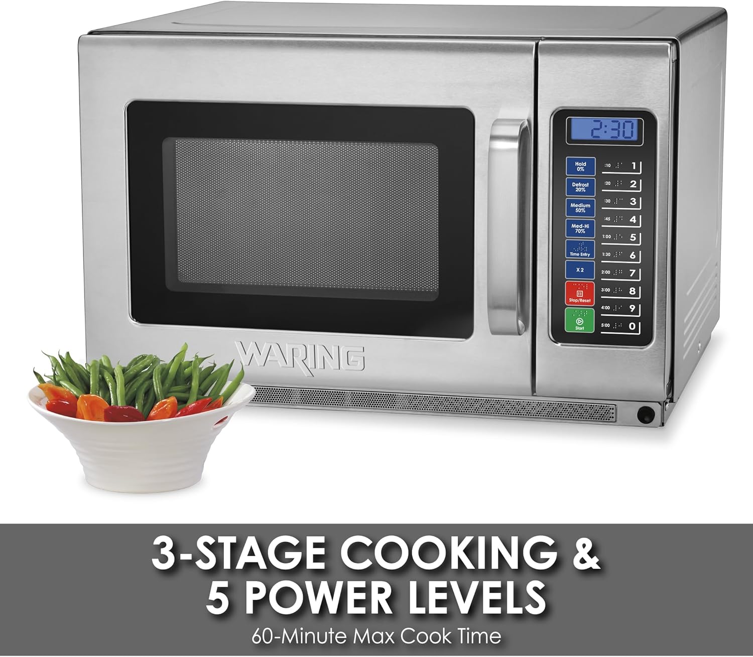 Waring Commercial WMO120 Heavy Duty Microwave Oven, 1.2 Cubic Feet, 10 Programmable Memory Settings, 5 Power Levels, Stainless Steel Construction, 208/230V, 1800W Dual Magnetrons, 6-15 Phase Plug