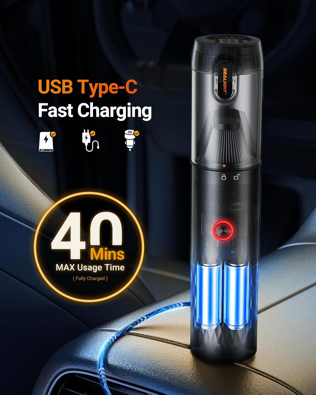 SEALIGHT Car Vacuum Portable Cordless, Handheld Cordless with High Power, Type-C Charging, 2 Suction Modes, Up to 40 Mins Runtime, Small Mini Vacuum for Car, Pet, Home