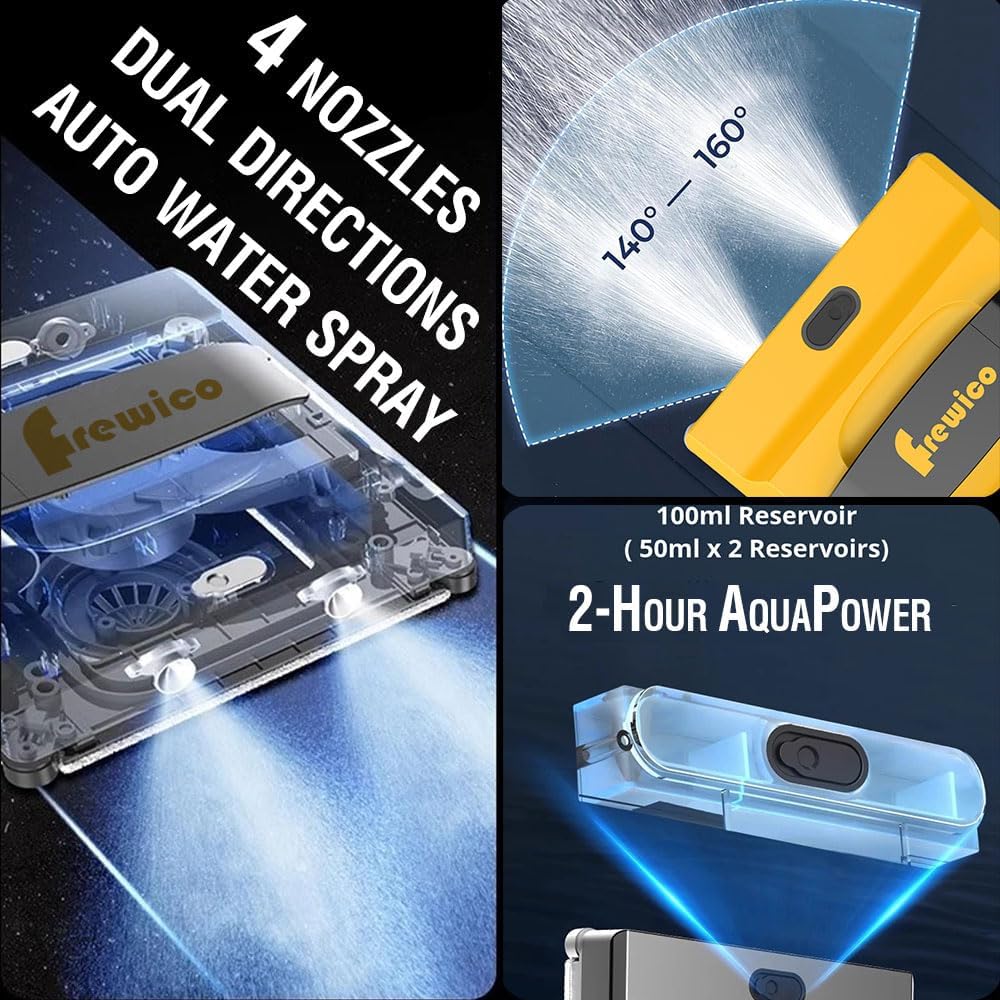 Frewico Window Cleaner Robot with Dual Ultrasonic Water Spray, 5600Pa Suction Smart Robotic Glass Cleaner, APP & Remote Control, Anti-Falling System for Frameless Windows, High-Rise, Shower, Tiles