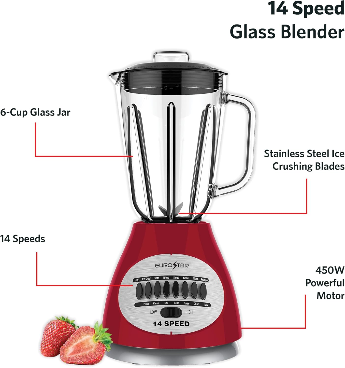 EUROSTAR 450W 14-Speed Glass Jar Blender (RED)