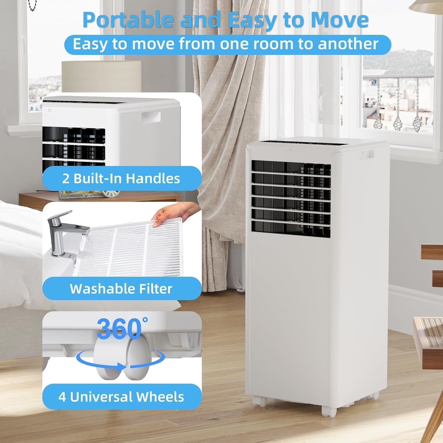 Portable Air Conditioner, 3-in-1 Air Conditioners Function, Cool, Fan, Dry, Auto, Sleep Modes, Fast Cooling, LED Display, Cools Room up to 350 sq. ft, Exhaust Hose & Window Kit, 115V