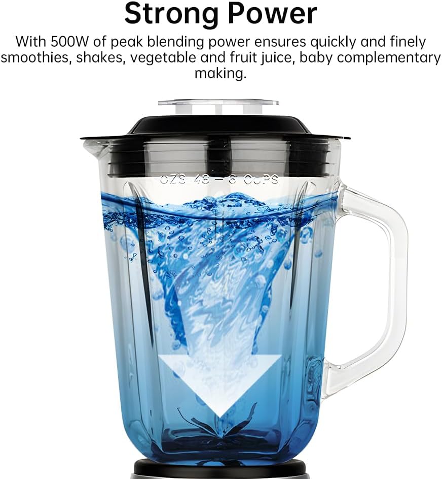 Personal Size Smoothie Blender with Cup for Kitchen 500W Stainless Steel Small Blender 2 Speed Adjustable with 48oz Glass Jar Double Serve Blender for Smoothies Shakes Drinks Baby Complementary