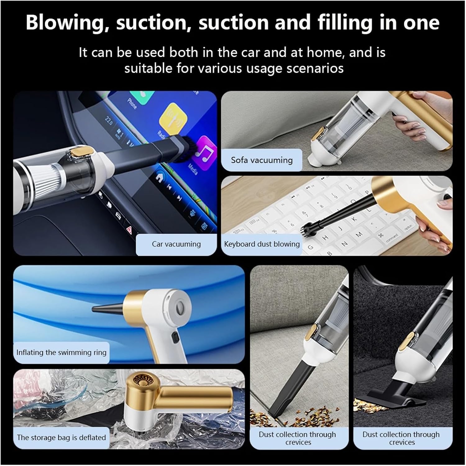 Mini Vacuum, Car Mounted Wireless Vacuum Cleaner with Integrated Blowing and Suction, Deep Cleaning, Blowing, Filling, and Suction 4-in-1,for Drivers and Office Workers(Yellow)