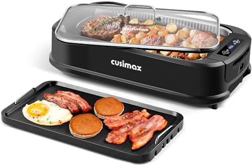 CUSIMAX Indoor Grill, Electric Smokeless Grill, 1500W Korean BBQ Grill, Electric Griddle with LED Smart Display & Tempered Glass Lid, Non-stick Removable Plate & Griddle Plate, Black
