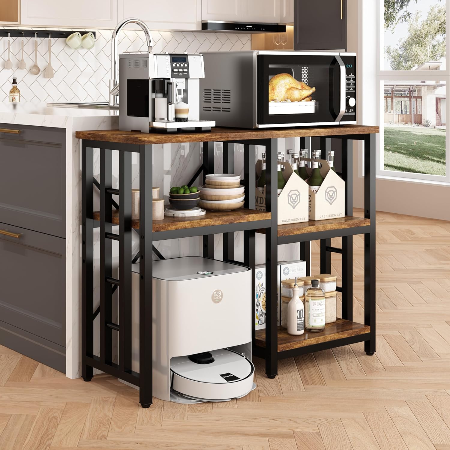 4-Tier Bakers Rack for Kitchens with Storage, Mini Fridge Stand, Microwave Oven Stand Table, Bar Cabinet, Aquarium Stands, Adjustable Shelves Freestadning for Kitchen, Living Room, Office, Patio.