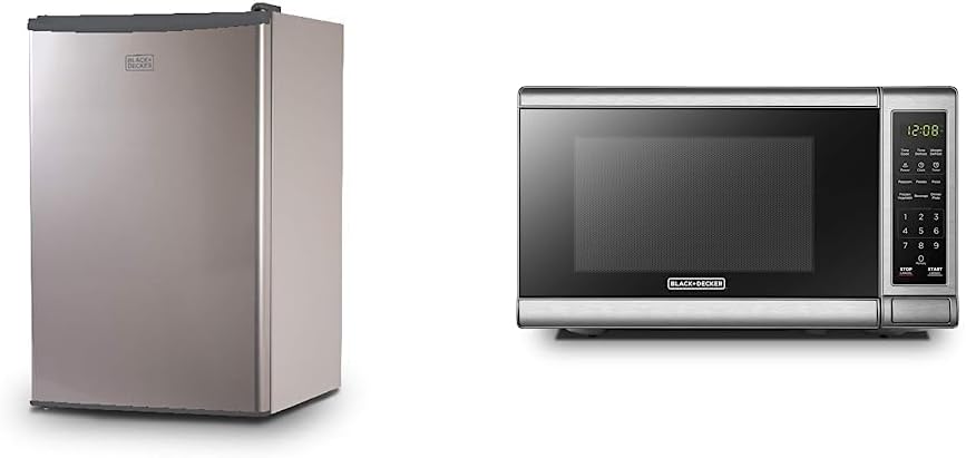 BLACK+DECKER BCRK43V Compact Refrigerator Energy Star Single Door Mini Fridge with Freezer, 4.3 Cubic Ft., VCM & EM720CB7 Digital Microwave Oven with Turntable Push-Button Door, Child Safety Lock