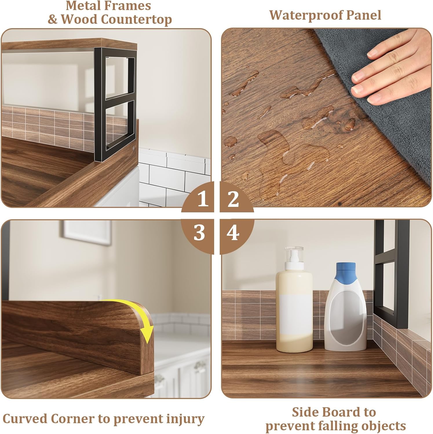 Washer Dryer Countertop with Shelf, 27.5″D x 27.5″W x 16.7″H, Countertop for Washer and Dryer Top with Non-Slip Pads and Edge Rails, Laundry Room Storage and Organization(Walnut)