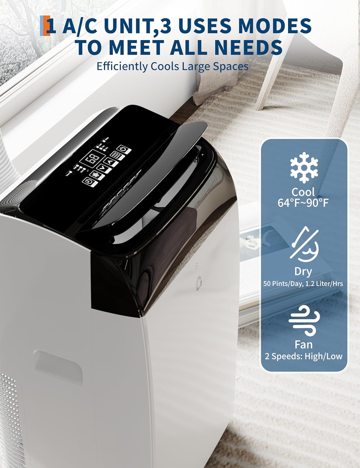 14,000 BTU Portable Air Conditioner Cools Up to 750 Sq.Ft, Auto-Evaporation Low Noise.3 in 1 Room Portable AC Unit with Remote Control & LED Display Moveable Wheels Fits for Large Room,Garage,White