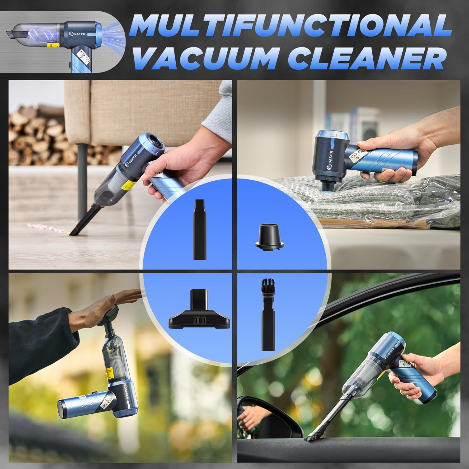 Saker Car Vacuum Portable Cordless17000PA HL132 Blue with 3 HEPA Filter and 1 Steel Filter