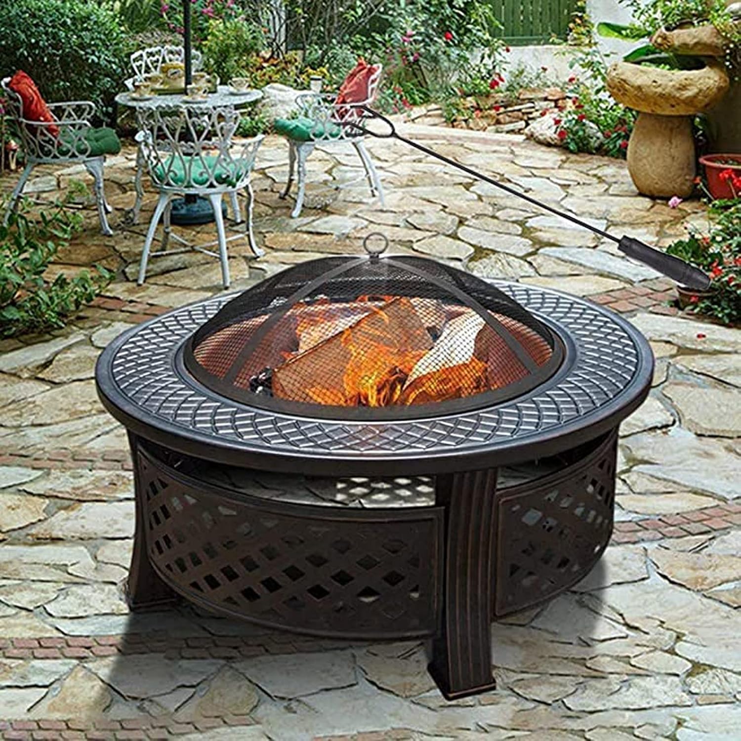 Garden Fire Pits with Barbecue Grill, Charcoal BBQ Grill, Patio Heater, Stove Metal Firepit, Wood Burning, Outdoor Fire Pits