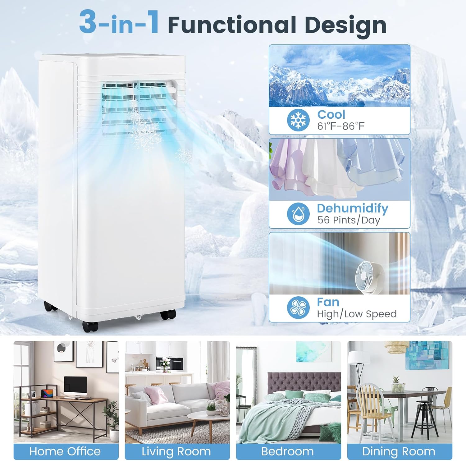 ARLIME 9000 BTU Portable Air Conditioner, 3-in-1 AC Unit w/Dehumidifier & Fan, Sleep Mode & 24H Timer, Air Cooler w/Remote, Detachable Filter & Window Kit, Cools Up to 300 Sq.Ft, White (9000 BTU)