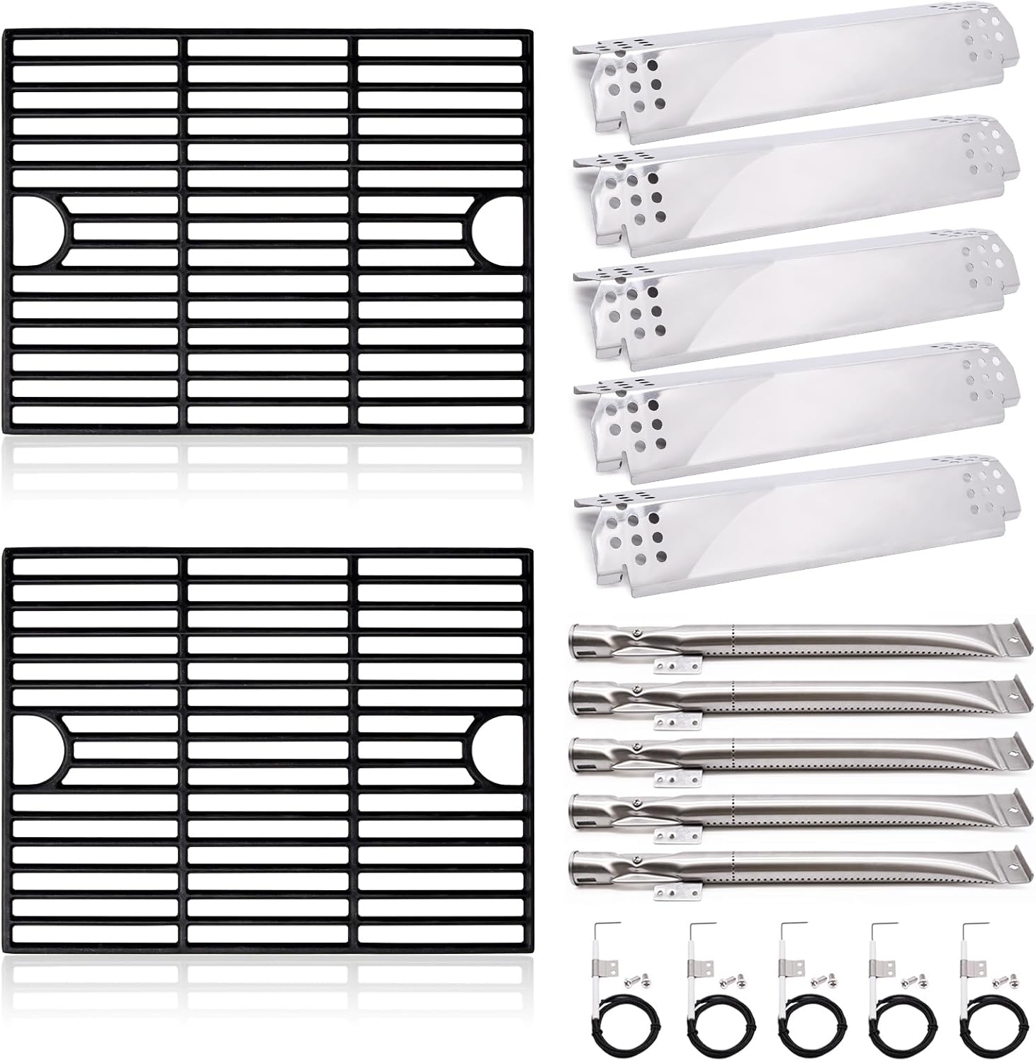 Adviace Grill Replacement Parts for Nexgrill 5 Burner 720-0888N, 720-0888, 4 Burner 720-0830H, 17 Inch Cast Iron Cooking Grates, Stainless Steel Burners Tubes, Heat Plate Shields, Electronic Ignitors.
