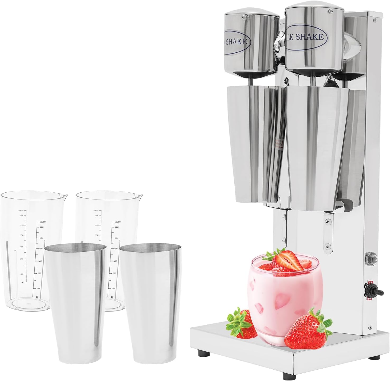 Electric Milkshake Maker, Commercial Stainless Steel Milk Shake Machine Drink Mixer Adjustable Speed Malt Maker Machine Smoothie Milk Foam Tea Mixer Blender + cups (2 Head)