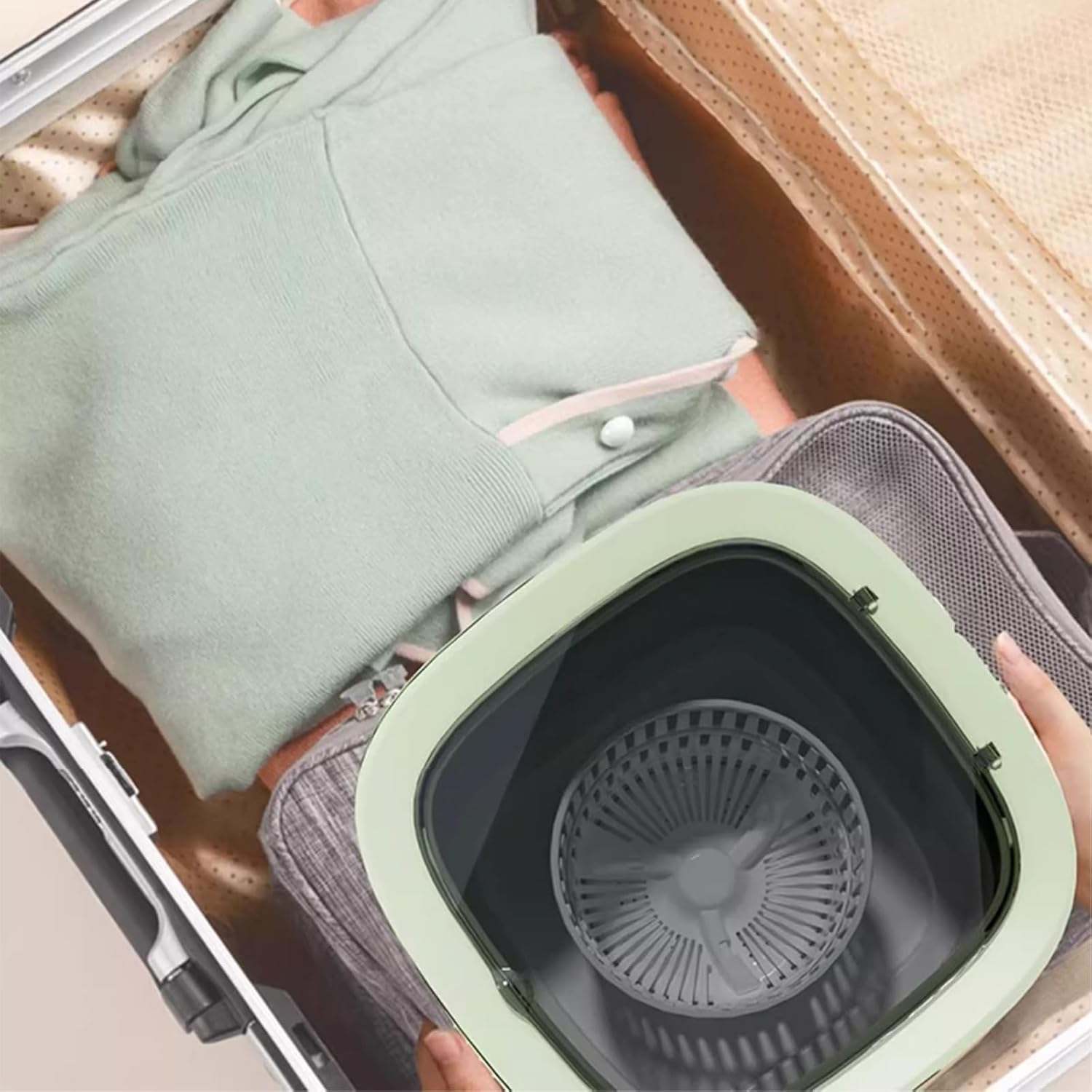 Portable Washing Machine, 16.5L Foldable Mini Washer with Drain Basket, Powerful Cleaning, for Underwear, Socks,Baby Clothes,Travel Camping Dorms RV Apartments(Green)