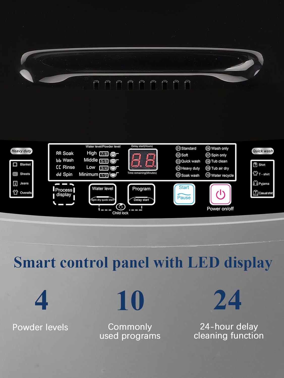 Full Automatic Washing Machine with LED Display, 17.7 lbs Portable Washer Drain Pump, 10 Programs & 8 Water Levels Selections, Ideal for RV, Kitchen Camping, Apartment, Dorm, Dark Grey