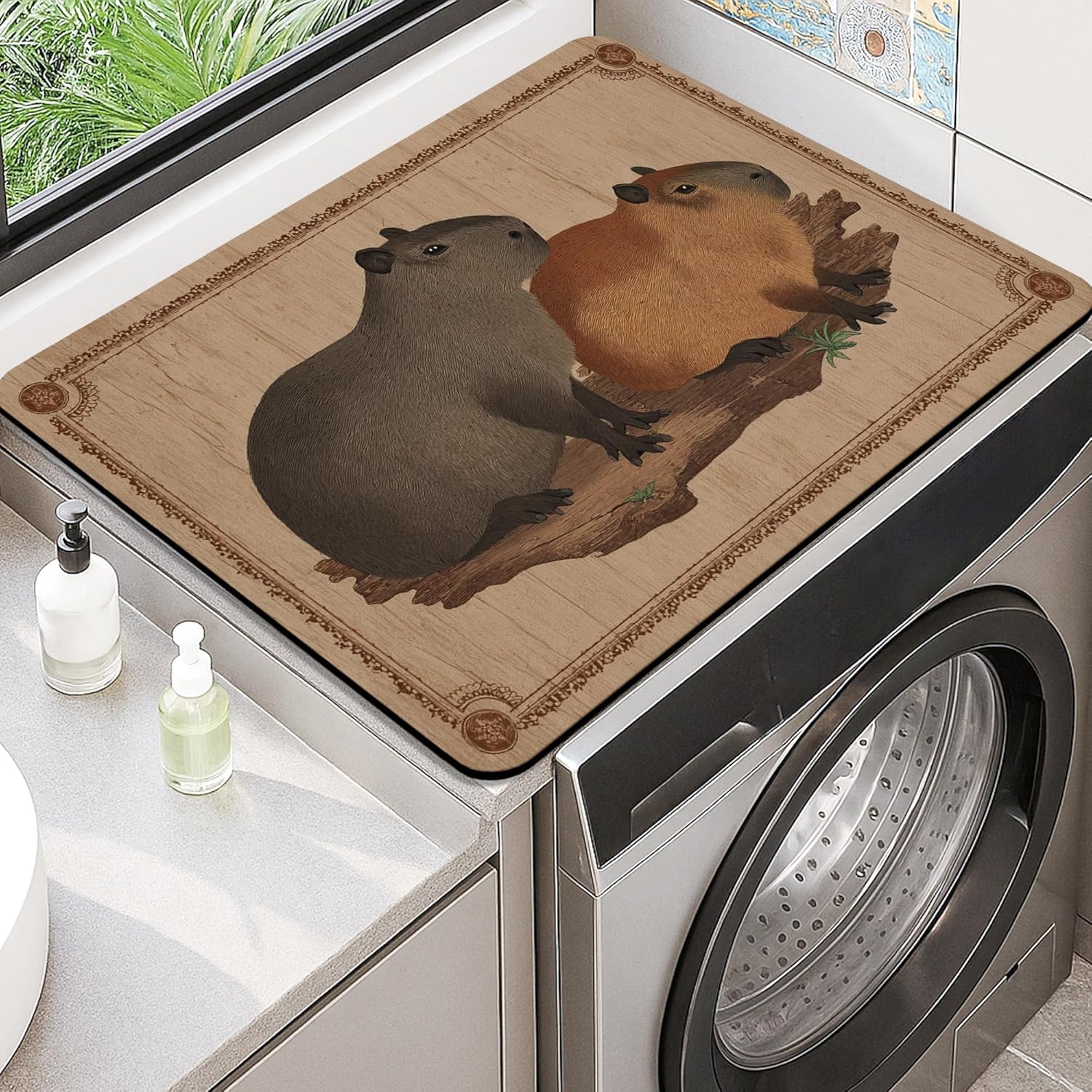Capybara Washer Dryer Top Protector Mat, Vintage Animal Pattern Laundry Machine Dust Cover, Nature-Themed Rubber Anti-slip Waterproof Washing Machine Mats for Laundry Room 20x24 Inch