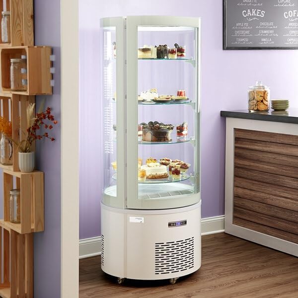Commercial Glass Display Refrigerator, White Circular Design, 10.5 Cu Ft, LED Lighting, 4 Chrome Shelves, 33-40°F Temperature Range, 24.8x27.2x68.9 Inches