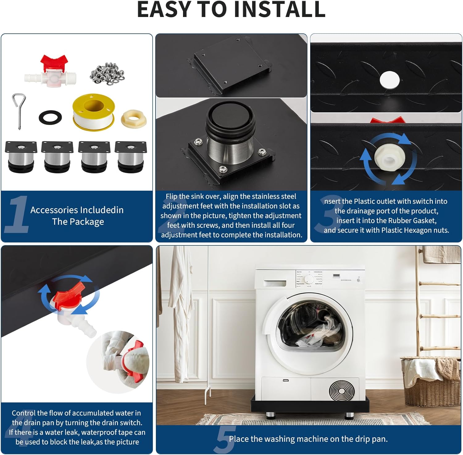 Heavy-Duty Carbon Steel Washing Machine Pan 27 x 25 Inch with 4 Anti-Vibration Feet and Drain Hole, Rust-Proof Leak Protection Tray for Floor Damage Prevention