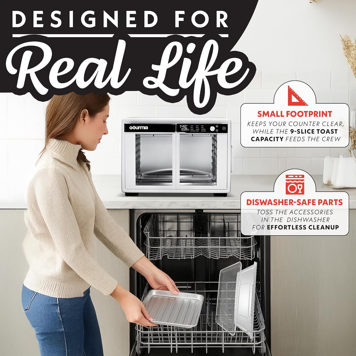 Gourmia French Door Air Fryer Oven - 37 Qt Large Capacity Convection Toaster Oven, FryForce 360°, Digital Display, 12 Cooking Presets, Dehydrate, Fits 13” Pizza, Dishwasher-Safe, White