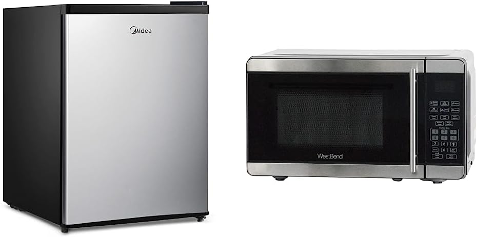 Midea WHS-87LSS1 Refrigerator, 2.4 Cubic Feet, Stainless Steel & West Bend WBMW71S Microwave Oven 700-Watts Compact with 6 Pre Cooking Settings, Speed Defrost, Electronic Control Panel