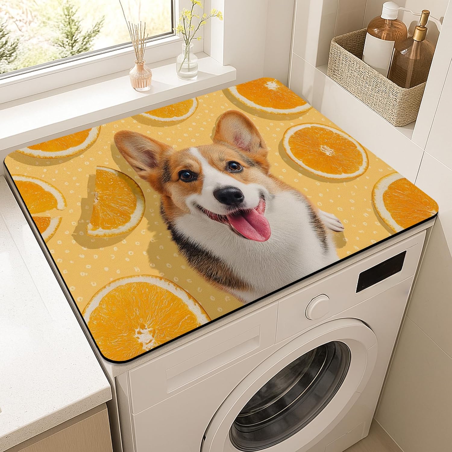 Corgi Washer Dryer Top Protector Mat, Dog Patterned Laundry Machine Dust Covers, Fun and Fanciful Rubber Anti-slip Waterproof Washer And Dryer Mats for Laundry Room 20x24 Inch