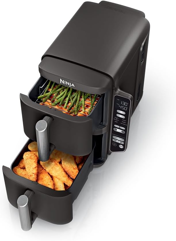 Ninja DoubleStack 2-Basket Air Fryer, DoubleStack Technology Cooks 4 Foods at Once, 8 QT, 6-in-1, Smart Finish & Match Cook, Air Fry, Broil, Bake, Easy Meals & Clean, Black, SL201 (Renewed)