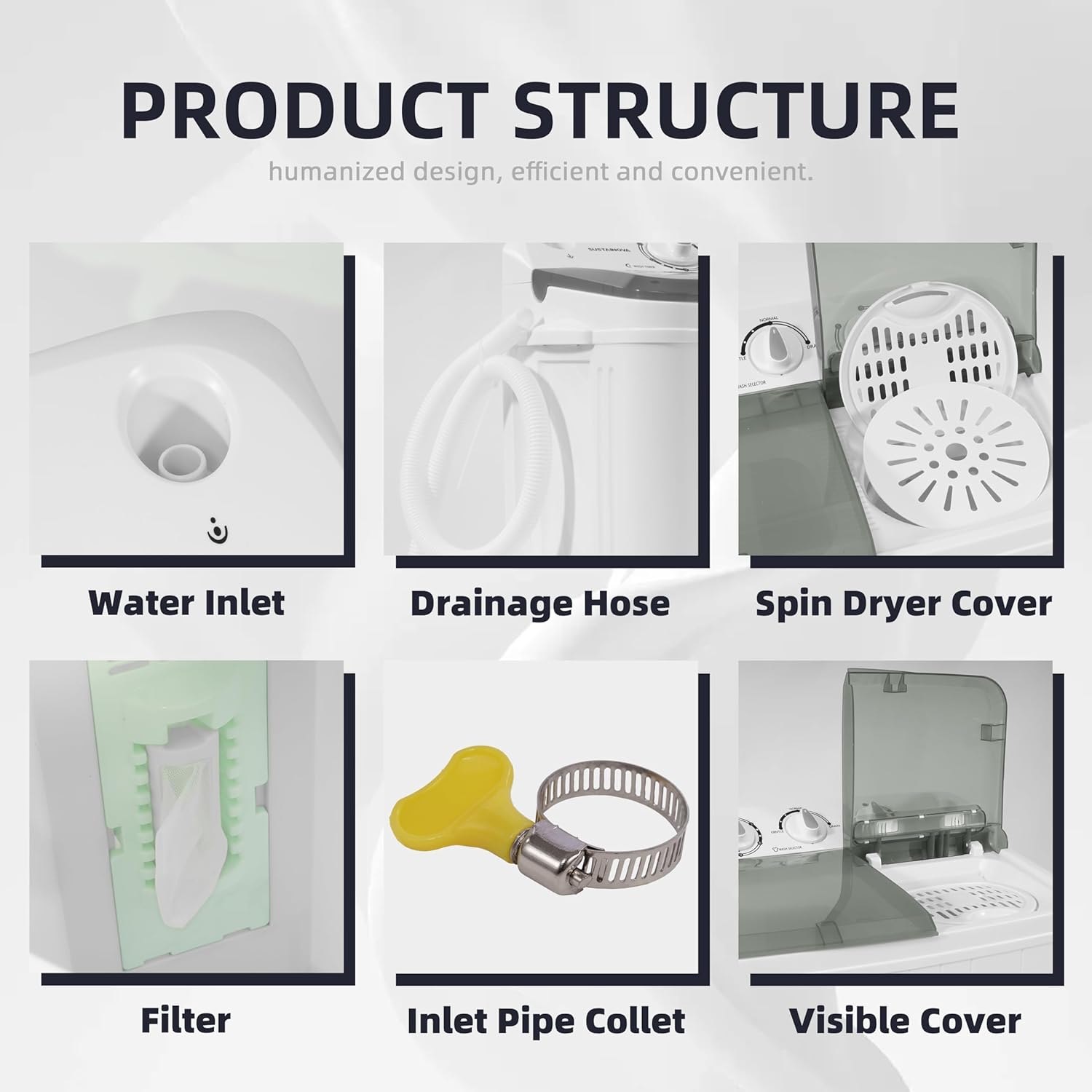 Elevon Portable Washing Machine Twin Tub 9.9 Lbs Capacity, (7.7 Lbs) and Spinner(2.2 Lbs) Combo Mini Compact Laundry Washer for Home, Apartment, Camping, RVs and Dorms, Black/White