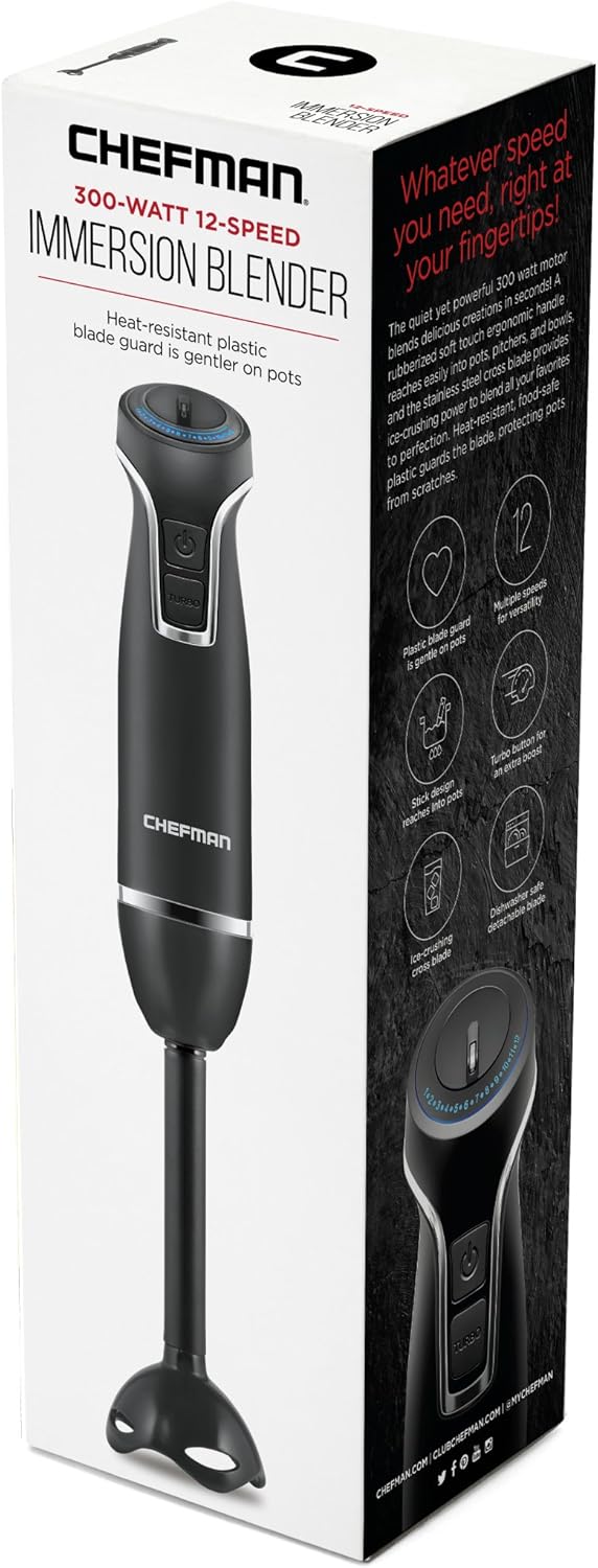 Chefman Immersion Blender 300-Watt Turbo 12 Speed Stick Hand Blender, Powerful Ice Crushing Design Purees Smoothies, Sauces & Soups, Detachable Heat Resistant Plastic Blade Guard Protects Pots, Black