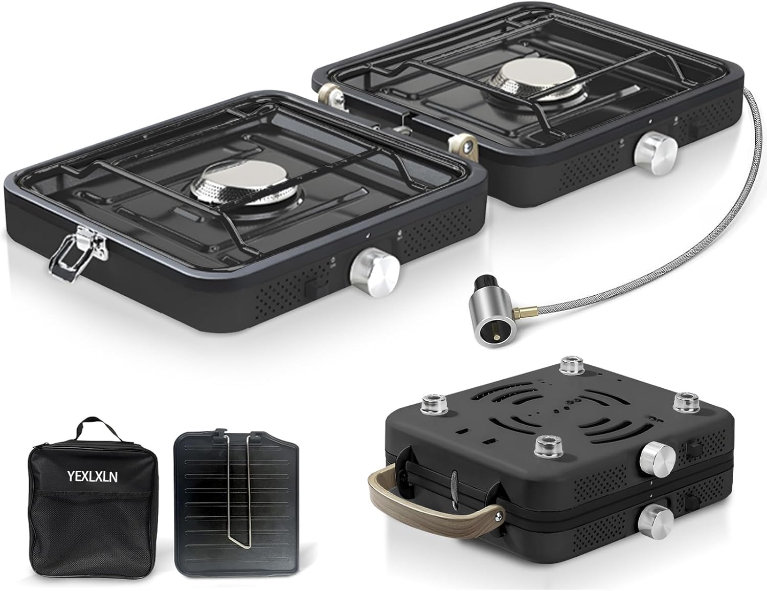 Propane 2 Burner Camping Stove with Griddle and Carrying Bag, Portable Propane Camp Stove with 2 Adjustable Burners & Piezo Ignition, for Camping Tailgating Essentials Gear