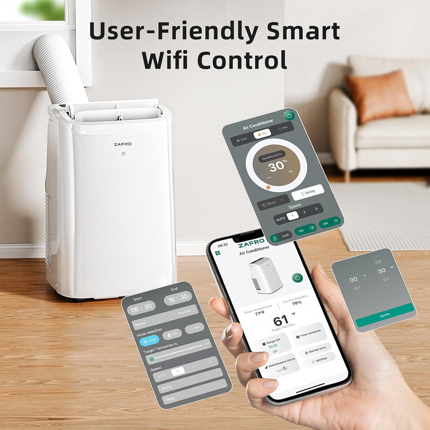 ZAFRO Portable Air Conditioners 10000 BTU (6000 BTU SACC), Portable AC with Fan & Dehumidifier, 24Hrs Timer with APP/Remote/Timer/LED Display