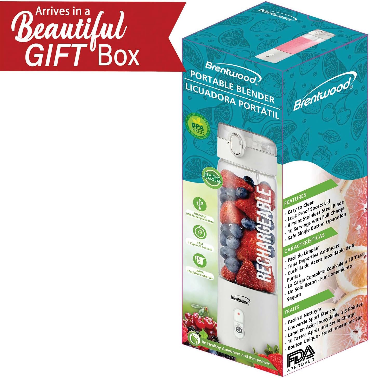 Brentwood 50-Watt 17-Oz. Portable Battery-Operated USB-Chargeable Glass Blender (White)