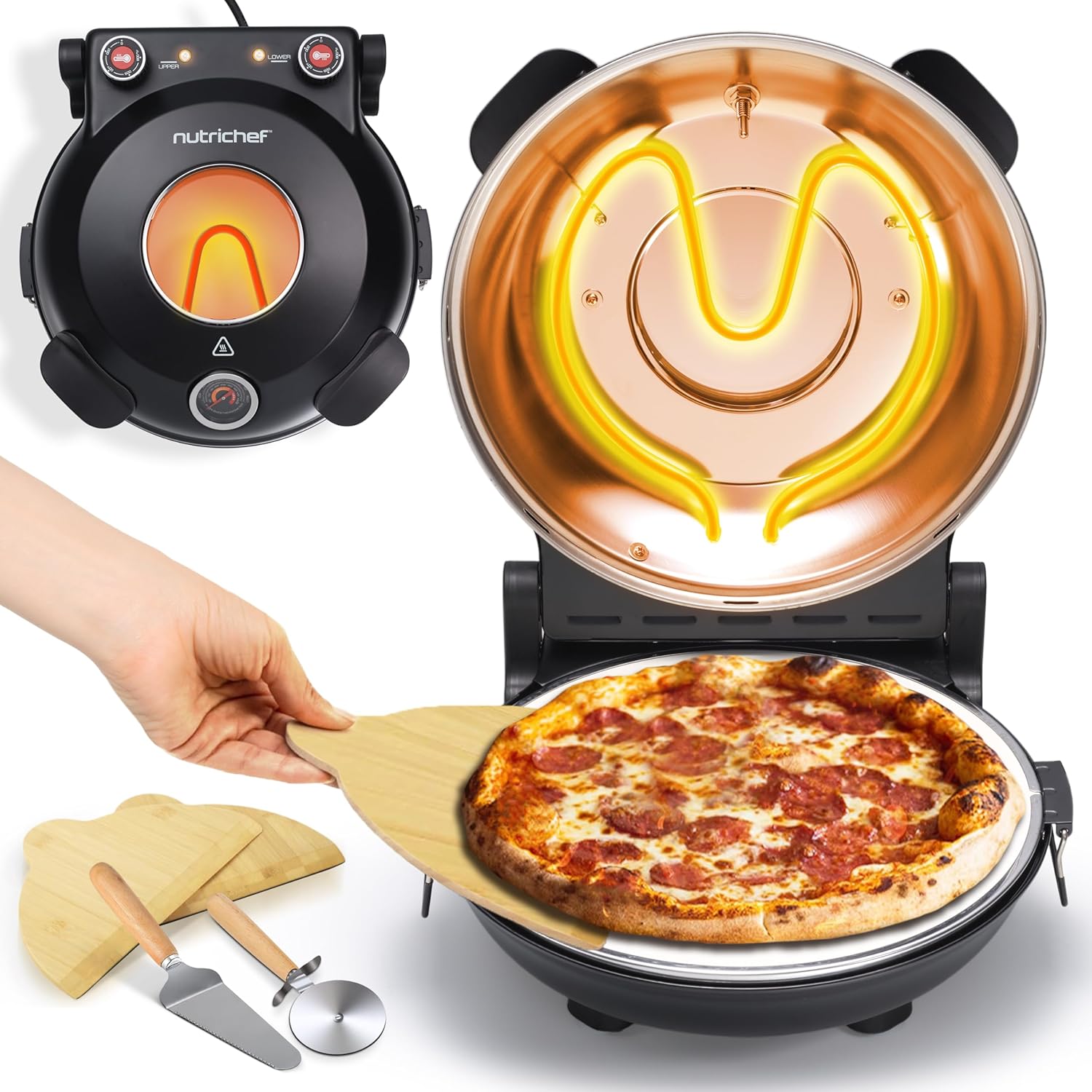 NutriChef Electric Pizza Oven | 1200W Countertop Pizza Maker with Temperature Control & Thermometer | Viewing Window for Precise Cooking | Heats up to 800˚F | Easy to Clean Non-Stick Coating (Black)