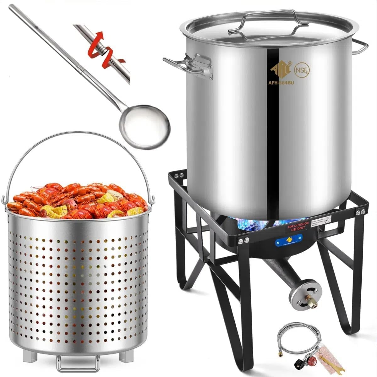 ARC 64QT Stainless Steel Seafood Boil Pot with 200,000BTU Propane Burner and 36'' Large Spoon, Heavy Duty Propane Burner For Outdoor Cooking Turkey Fryer, Crawfish Boil, Homebrewing