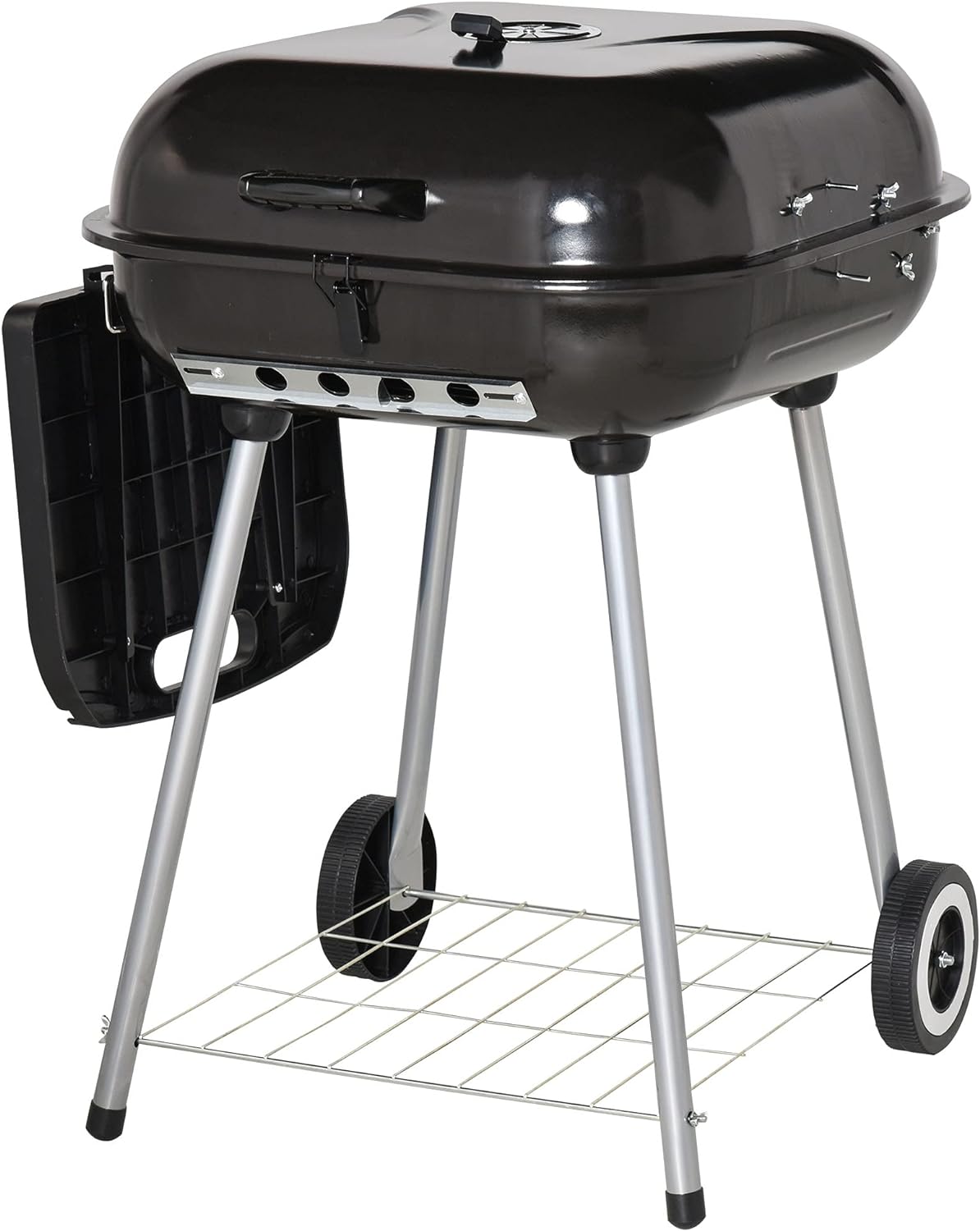 Outsunny Portable Charcoal Grill with Foldable Side Shelf and Bottom Shelf, BBQ Smoker with Wheels and Adjustable Vents on Lid for Picnic Camping Backyard Cooking, Black
