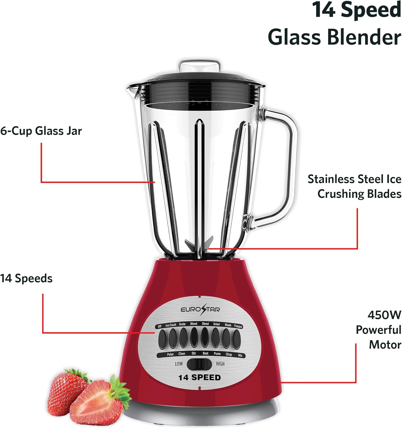 EUROSTAR 450W 14-Speed Glass Jar Blender (RED)