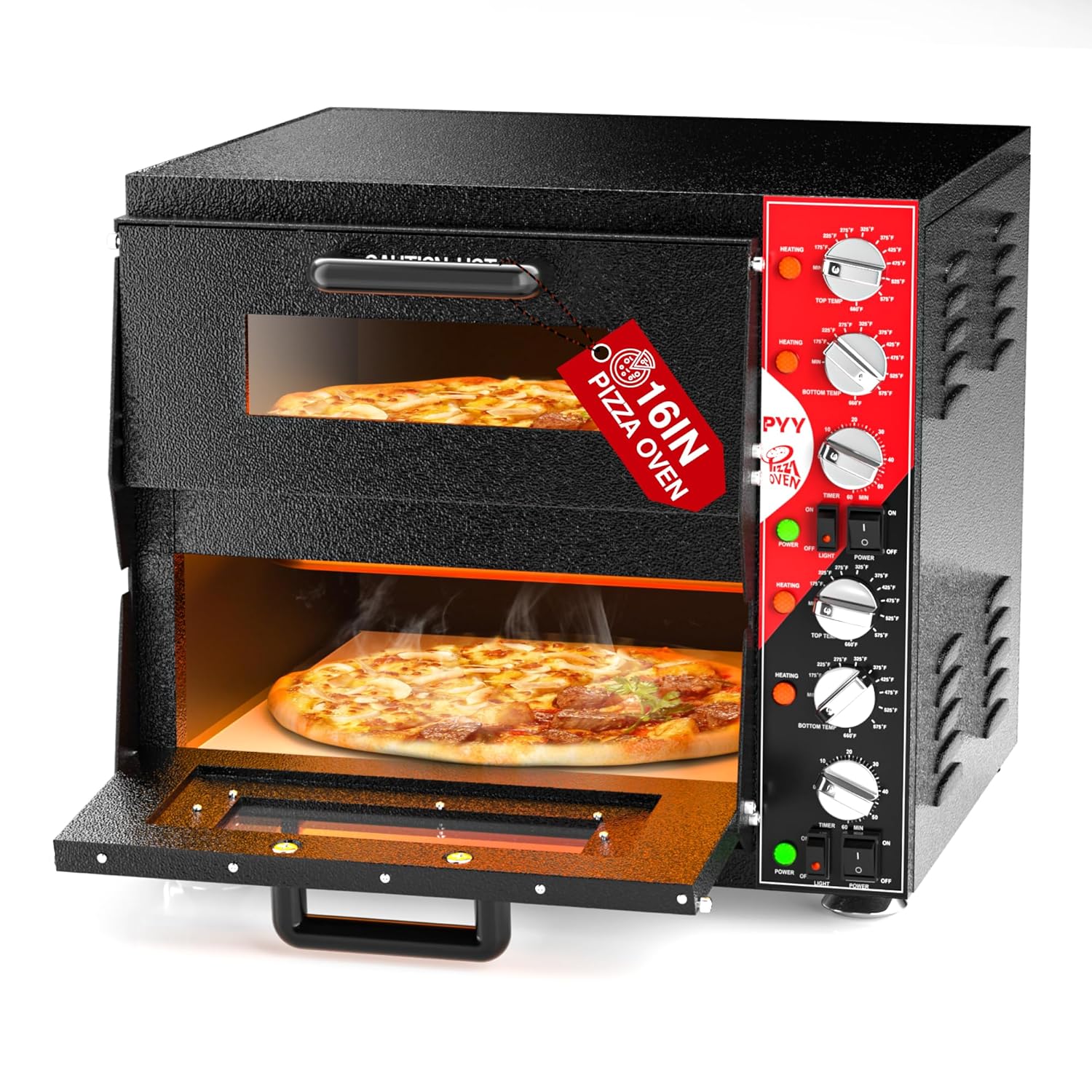 PYY Indoor 16in Pizza Oven - Double Decker Electric Pizza Ovens Countertop with Pizza Stone, 60-Min Ring Timer, for Home and Restaurant Commercial, 3200W, ETL Listed,Black