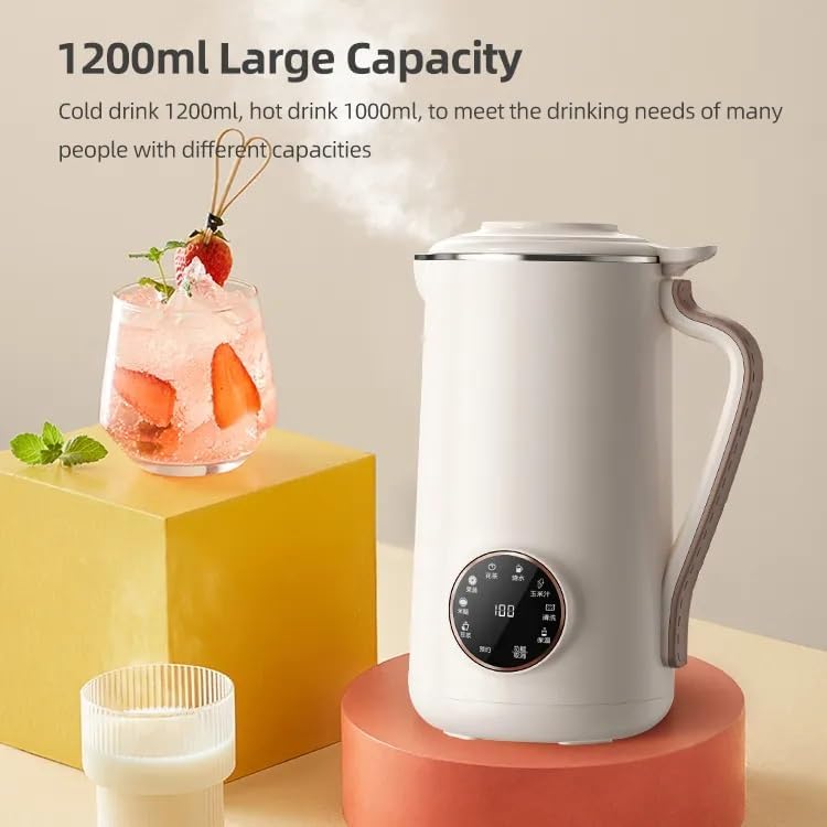 8-in-1 Nut Milk Maker, 40.5oz (1200ml) Capacity, Homemade Almond, Oat, Coconut, Soy, Plant-Based Milks, Automatic Blender with Delay Start, Keep Warm, Self-Cleaning, Boil Water Functions- White