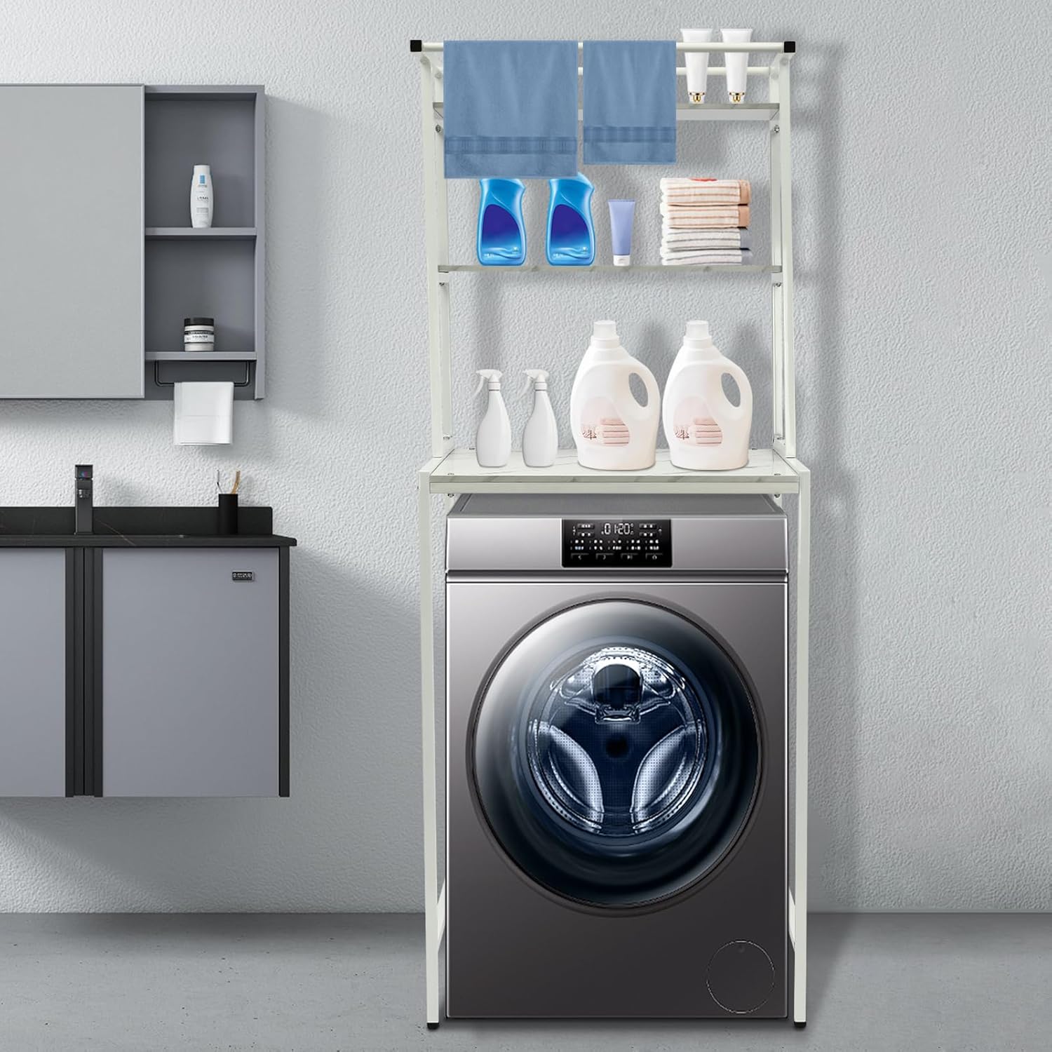 Over Washer and Dryer Storage Shelves, 3-Tier Freestanding Washing Machine Organizer Shelf with Drying Rack for Laundry Room Bathroom Garage, W27.2*D23.6*H69.5in (White & Marble)
