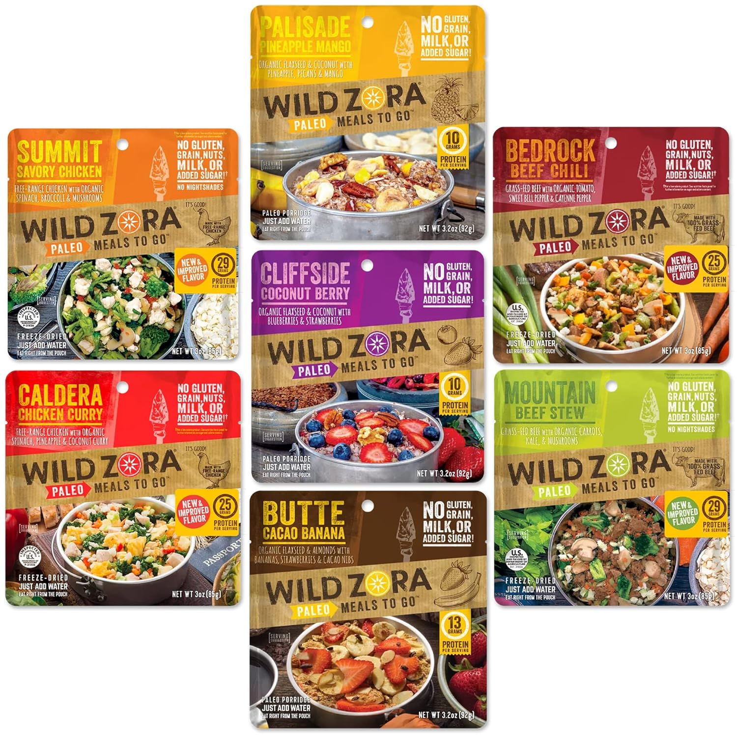 Wild Zora Paleo Freeze Dried Meals for Backpacking & Camping - Healthy Gluten Free & Grain Free Camping Meals/Backpacking Food + No Added Sugar - Includes Breakfast & Dinner Options (Variety 7-pack)