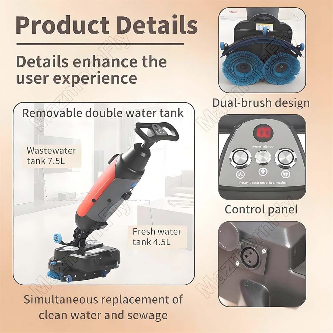 Professional Floor Scrubber, Electric Carpet Spin Cleaner Polisher Buffer, 43 cm Cleaning Width, 1200 m²/h Cleaning Capacity, 240 RPM Deep Cleaning, Dual Brushes Red