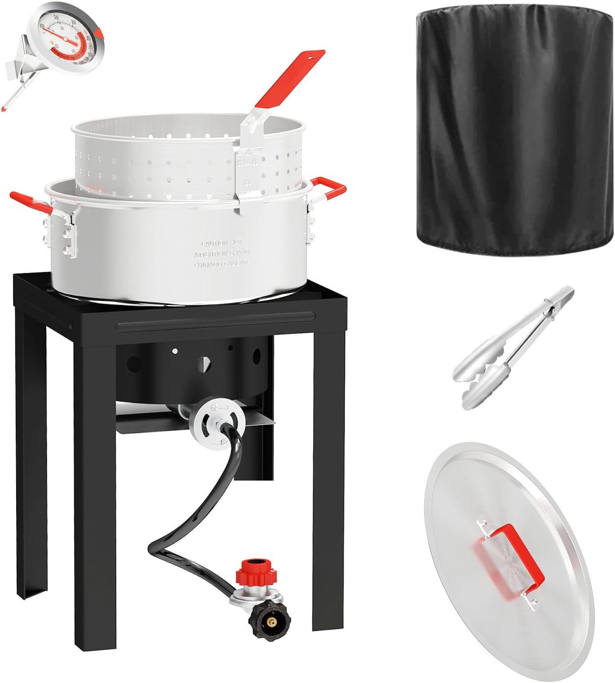 10QT Aluminum Turkey Fryer, Multifunctional Outdoor Cooking Fish Fryer Pot w/ 8QT Basket, Tong & Thermometer, Propane Deep Fryer with 5 PSI Regulator & 55,000 BTU Burner