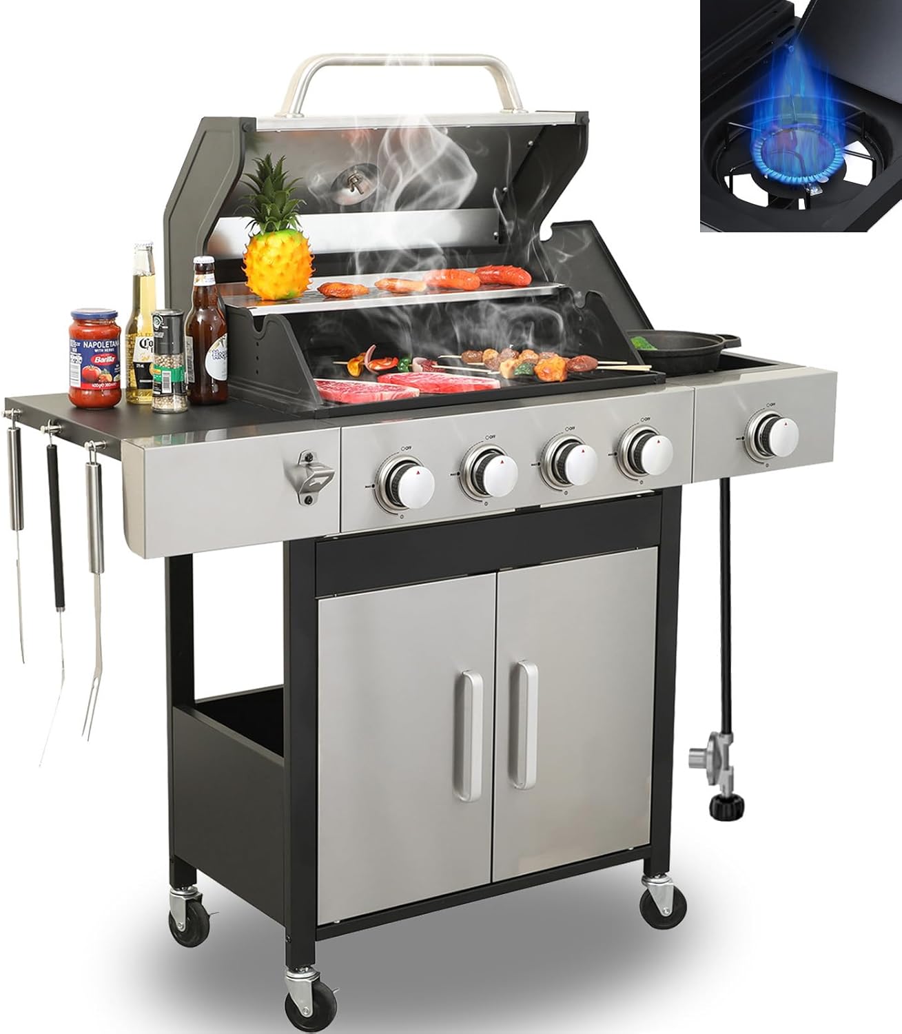 4 Burner Propane Gas Grill with Side Burner, Porcelain-Enameled Grates & Thermometer, Stainless Steel BBQ Grill 46790 BTU for Patio,Camping,Outdoor Cooking, Garden