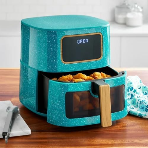 Pioneer Woman 5.8 Qt Digital Air Fryer – Teal Speckle Finish, Touchscreen with Window, Nonstick Basket, 1500W, 6 Smart Cooking Functions, Energy Efficient
