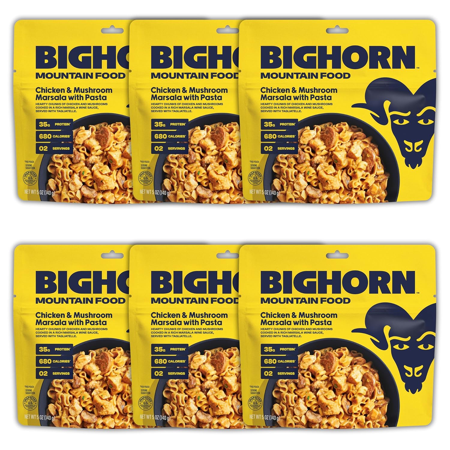 BIGHORN Mountain Food Chicken and Mushroom Marsala with Noodles - contains 6 packs | 12 servings | 210g Protein | 4,080 Calories - premium freeze dried meals for backpacking food - dehydrated camping food for backpacking meals - ideal camping meals -
