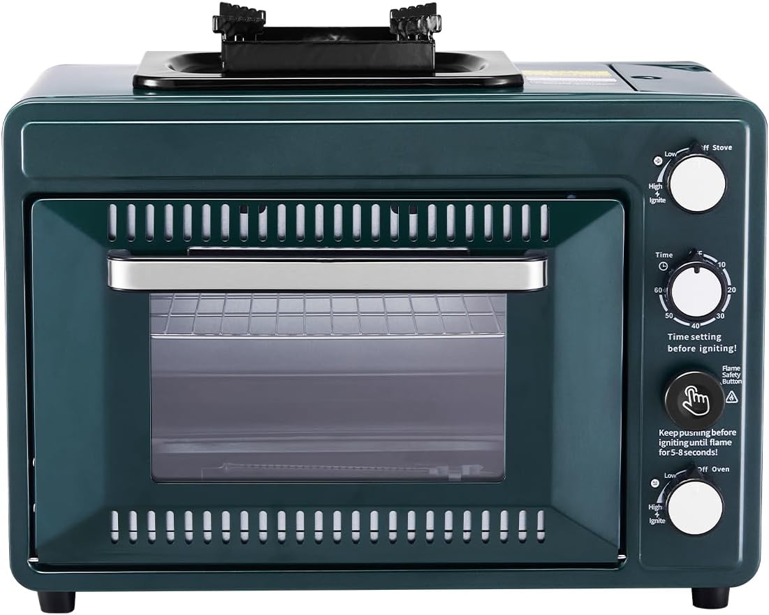 VEVOR Outdoor Camping Oven, 2-in-1 Portable Gas Camping Stove Oven Combo, Adjustable Fire, 60-Minute Timer, Windproof, for Camping Backyard Picnic Outdoor Cooking, Universal Butane Canister Compatible