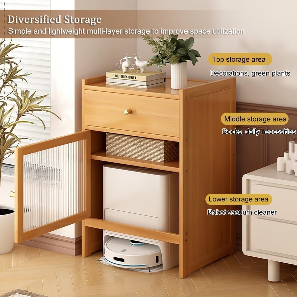Vacuum Cleaner Storage Cabinet, Robot Vacuum Storage Side Table End Table Cabinet for Living Room, Home, Office, Entrance, Corridor(Natural)