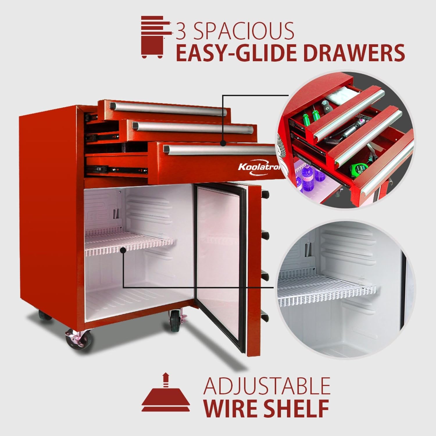 Koolatron Compact Heavy-Duty Rolling Tool Chest with 1.8 Cu Ft Mini Fridge 3 Drawers Adjustable Shelf Swivel Wheels Efficient Compressor Cooling Red Finish Garage Workshop Organizer