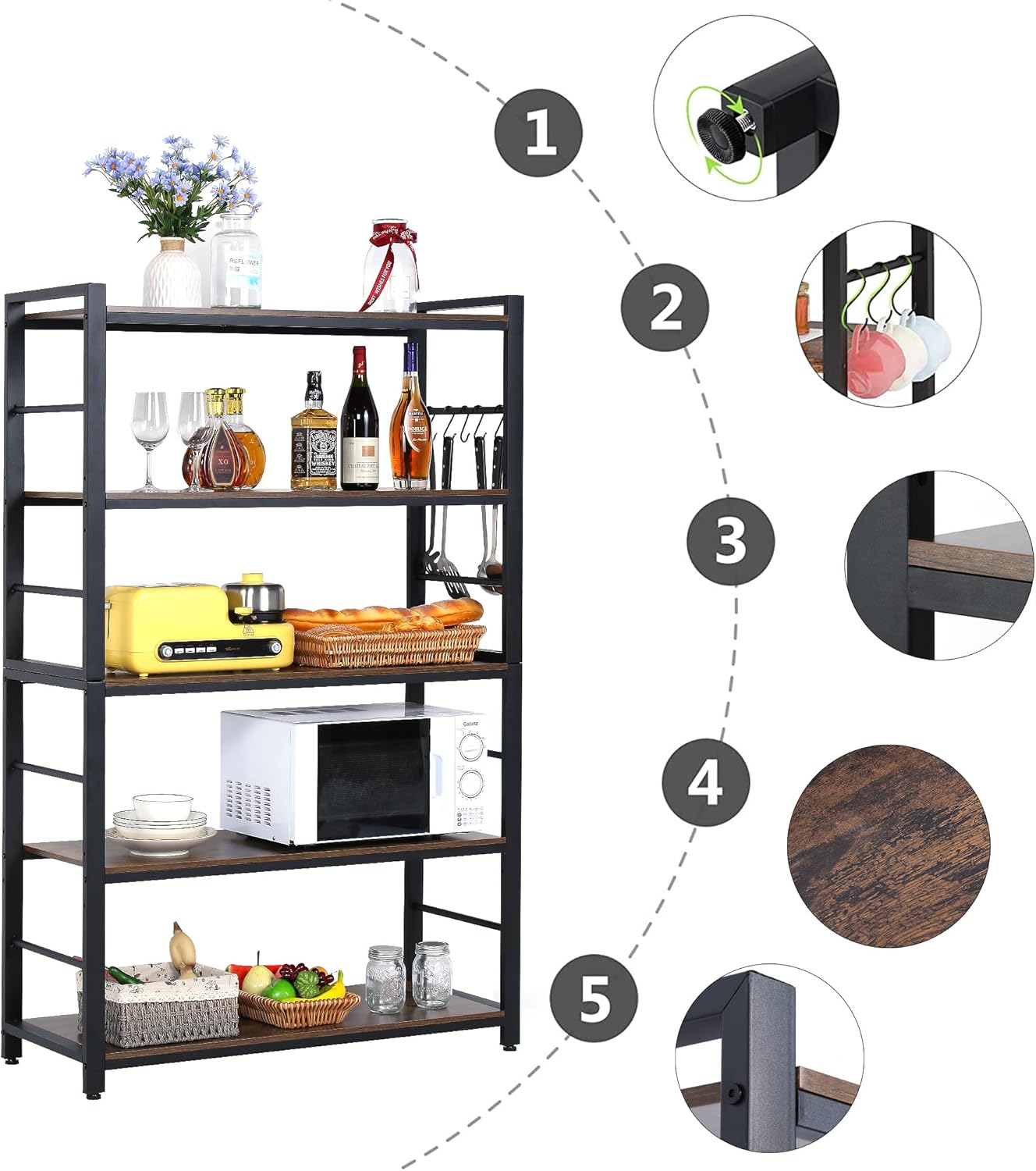 5-Tiers Bakers Rack,Microwave Oven Stand with Shelves,5 Tier Utility Storage Shelf with 5 Hooks,Multifunctional Shelf for Kitchen,Bathroom,Livingroom,Storehouse...