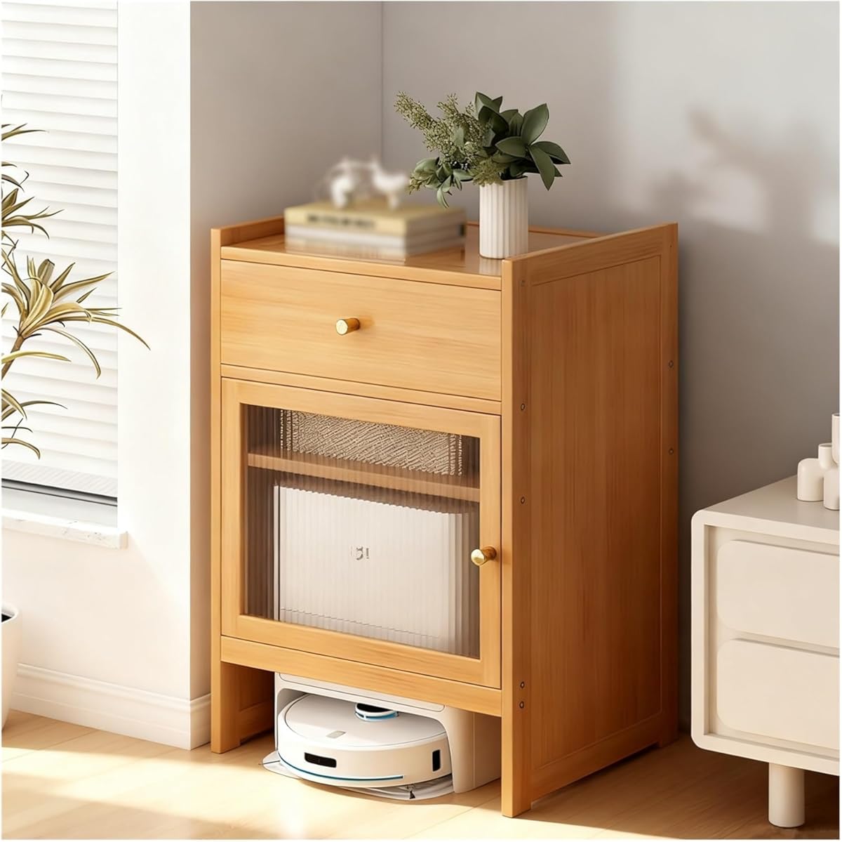 Vacuum Cleaner Storage Cabinet Robot Vacuum Cleaner Storage Rack Side Table for Living Room, Home, Office, Entrance, Corridor(Natural)